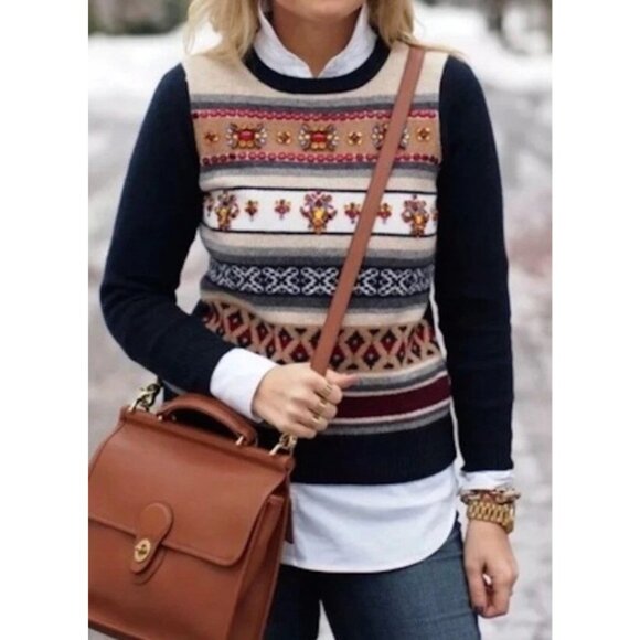 J CREW Womens Sz M 100% Wool Jeweled Navy/Multi Fair Isle Stripe Sweater Preppy - Picture 4 of 9